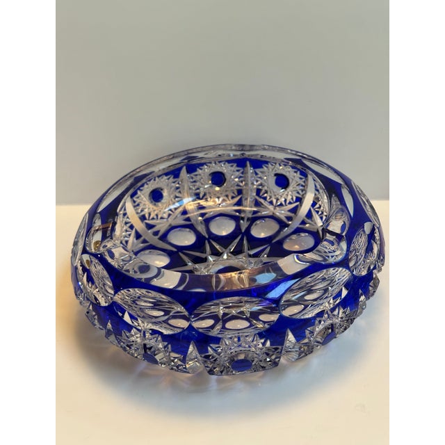 Set of two(2) Bohemian Cut-to Clear Cobalt Blue Ashtrays with faceted cut diamond star design. Made in Czechoslovakia in...