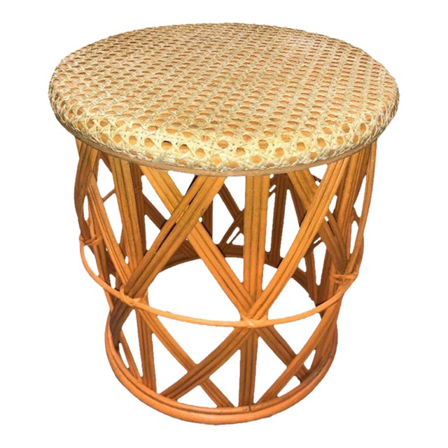 1940s Restored Rattan Orange and Natural Cane Side Table For Sale