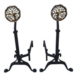 Pierced Brass and Wrought Iron Andirons For Sale