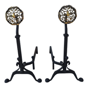 Pierced Brass and Wrought Iron Andirons