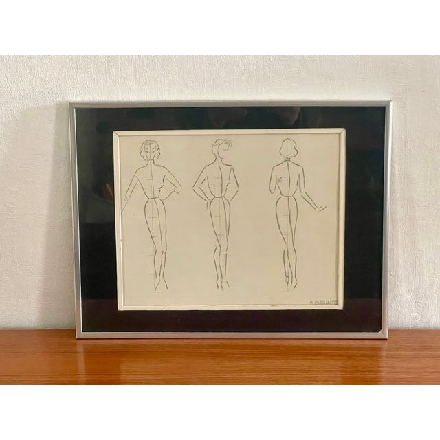 Vintage, signed, framed, pencil sketches/illustrations/fashion design drawing, circa 1950's. Piece features a very sleek...