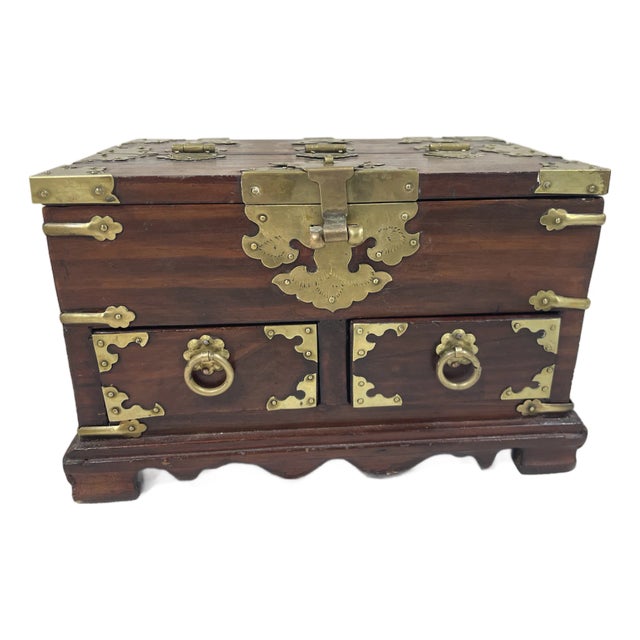 Late 19th Century Mid Century Korean Wooden and Brass Jewelry Box For Sale