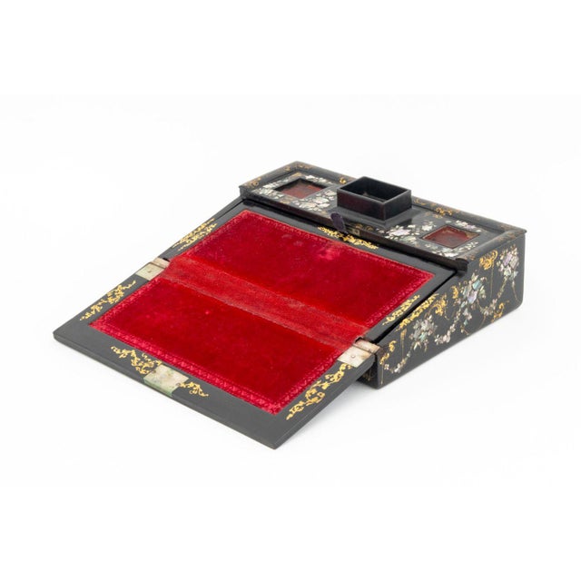 Textile Victorian Mother-of-Pearl Inlaid Writing Box For Sale - Image 7 of 11