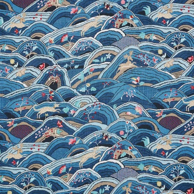 Sample - Schumacher Rolling Hills Fabric in Blues For Sale