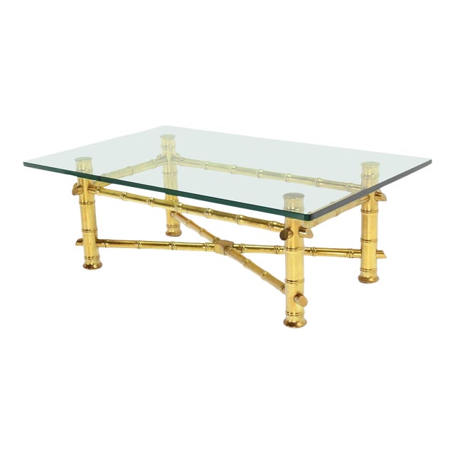 Gold Leaf Faux Bamboo Base Thick 3/4" Glass Top Rectangle Coffee Table For Sale