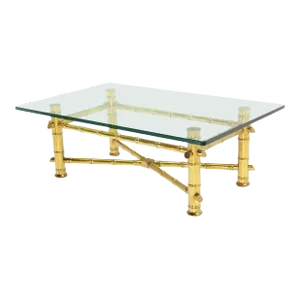 Gold Leaf Faux Bamboo Base Thick 3/4" Glass Top Rectangle Coffee Table