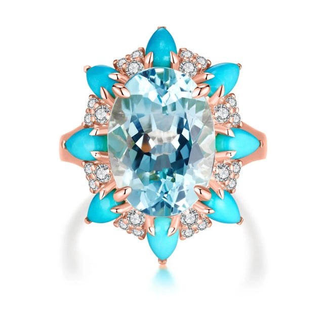 Kai Blue Topaz Turquoise Aquamarine Cocktail Ring in 14k Gold Ring, size 4 For Sale - Image 11 of 12