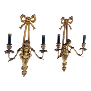 Pair Antique Gilt Bronze Two-Light Wall Sconce w/ Cherub Louis XVI Style NICE For Sale