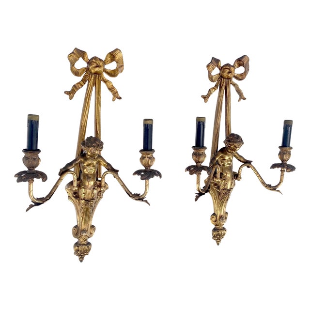 Pair Antique Gilt Bronze Two-Light Wall Sconce w/ Cherub Louis XVI Style NICE For Sale