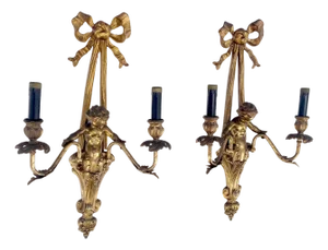 Pair Antique Gilt Bronze Two-Light Wall Sconce w/ Cherub Louis XVI Style NICE