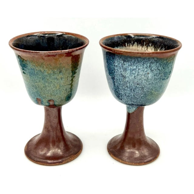 Mid-Century Modern Vintage Stoneware Wine Goblets - A Pair For Sale - Image 3 of 6