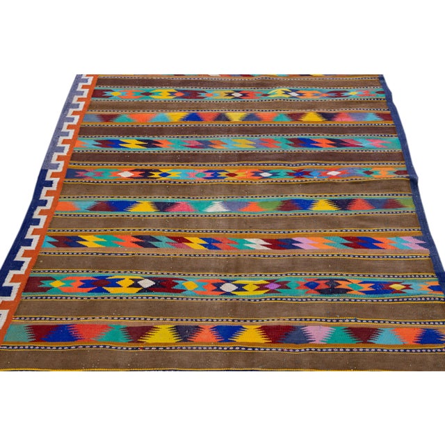 Tribal Brown Vintage Kilim Handmade Flatweave Geometric Motif Wool Runner For Sale - Image 3 of 11