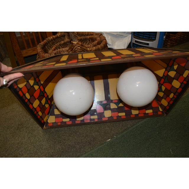 1960s Vintage Mid-Century Brown, Orange, Yellow Slag Glass & Metal Pool Billiard Pendant Light For Sale - Image 5 of 7