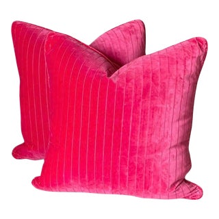 Contemporary Manuel Canovas Hot Pink Cotton Robbed Velvet Down and Feather Velvet Pillows- a Pair For Sale