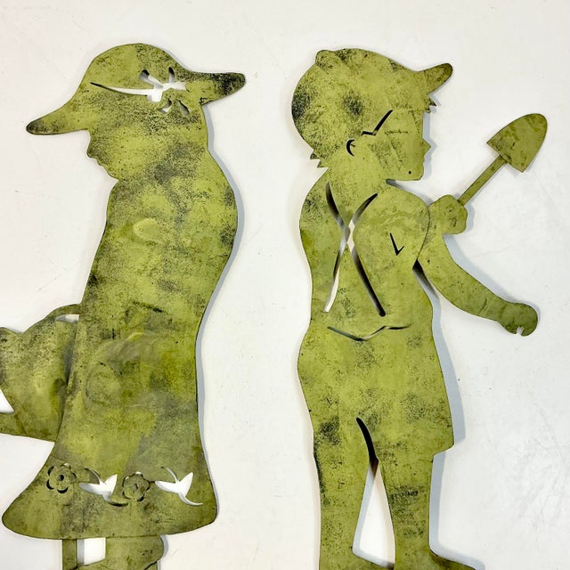 Metal 1950s Vintage Arts & Crafts Rustic European French Garden Ornaments, Kid Silhouettes - A Pair. For Sale - Image 7 of 15