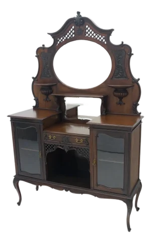 Antique Victorian Oval Mirrored Back Parlor Cabinet Etagere Display Case