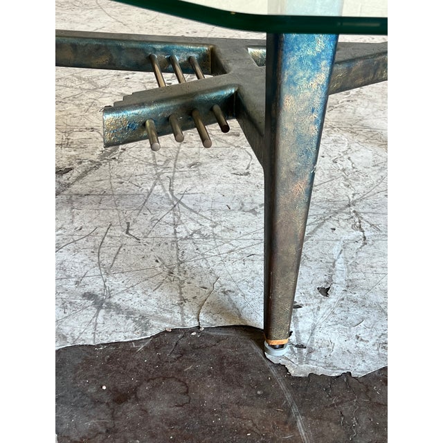 1990s Vintage Artisan Metal and Glass Triangular Modernist Coffee Table For Sale - Image 5 of 7