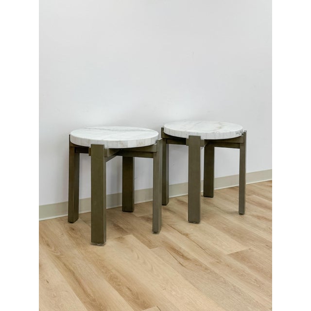 Vintage Round End Tables Beige Marble Top Gray Metal Base Pair Modern Accent For Sale In Tampa - Image 6 of 10