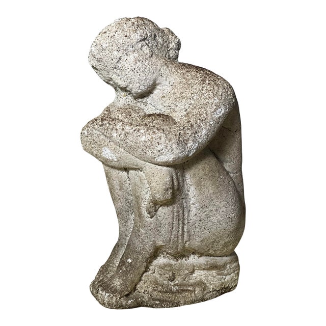 Antique Cement Garden Sculpture of a Woman in Thoughtful Pose For Sale