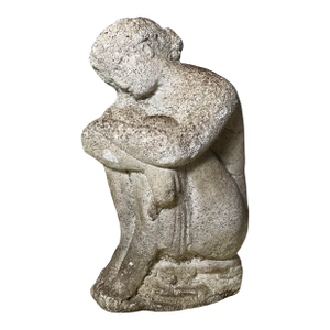 Antique Cement Garden Sculpture of a Woman in Thoughtful Pose