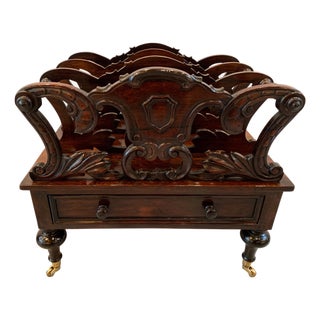 Early Victorian Solid Rosewood Three-Section Canterbury with Drawer and Casters For Sale