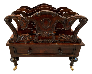 Early Victorian Solid Rosewood Three-Section Canterbury with Drawer and Casters
