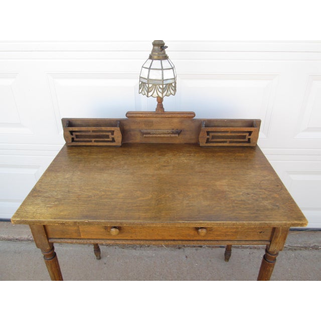 Arts & Crafts Vintage Writing Desk Table With Attached Tiffany Style Lamp For Sale - Image 3 of 15