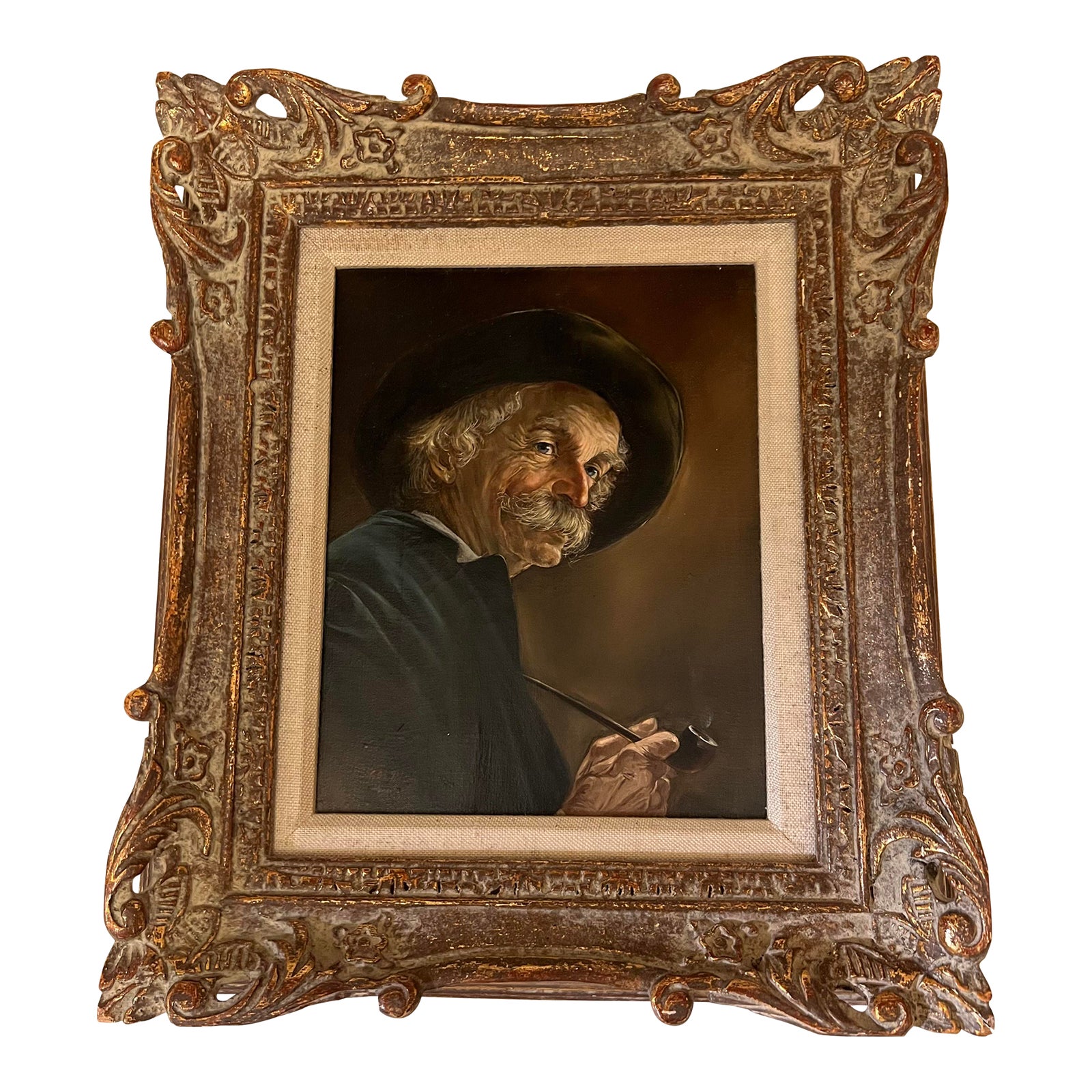 Vintage Framed Portrait Oil Painting of Man Smoking Pipe by Rosemary