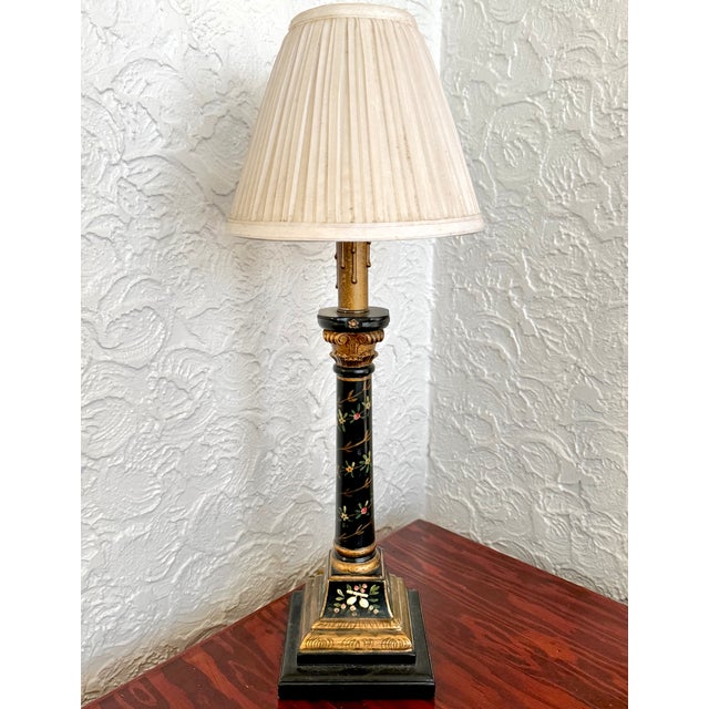 Mid 20th Century Neoclassical Black and Gold Corinthian Column Lamp With Hand Painted Florals and Pleated Shade For Sale - Image 9 of 9