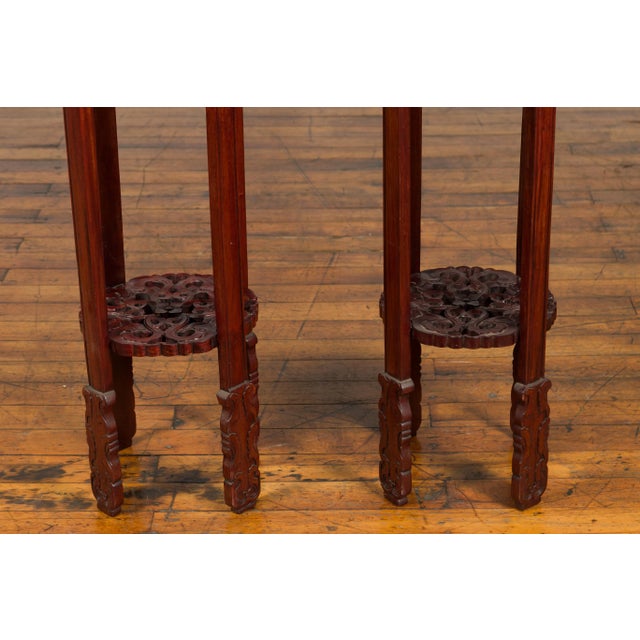 Antique Chinese Carved Round Stands with Painted Floral and Bird Décor - A Pair For Sale - Image 10 of 13