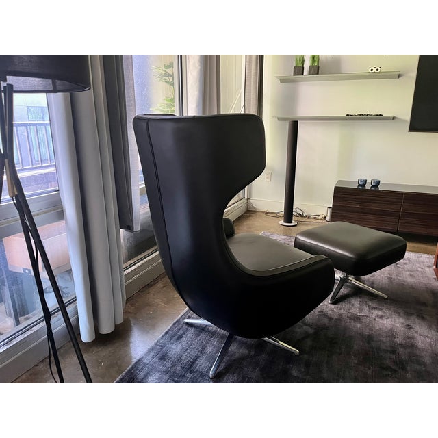 Cantoni Leather Recliner Lounge Chair and Ottoman Set in Genuine Top-Grain Leather With Stainless Steel Swivel Base For Sale - Image 10 of 12
