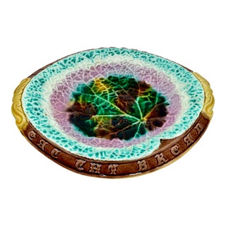 Antique 1880s Victorian Majolica "Eat Thy Bread With Thankfulness" Motto Serving Tray With Beautiful Colors For Sale