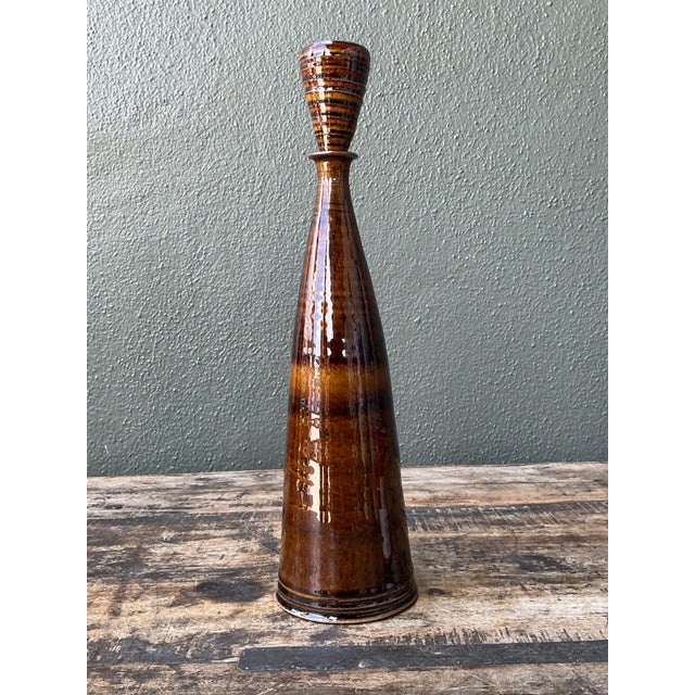 Mid-Century Modern Vintage Handcrafted Brown Pottery Bottle For Sale - Image 3 of 13