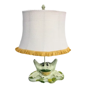 Vintage Ceramic Whimsical Mint Green Sitting Frog Fringed White Shade Table Lamp