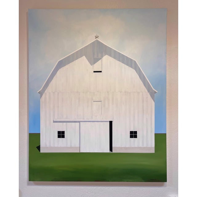 Down in the Valley by Justin Wheatley | Acrylic on Canvas White Barn in Green Field For Sale In Denver - Image 6 of 11