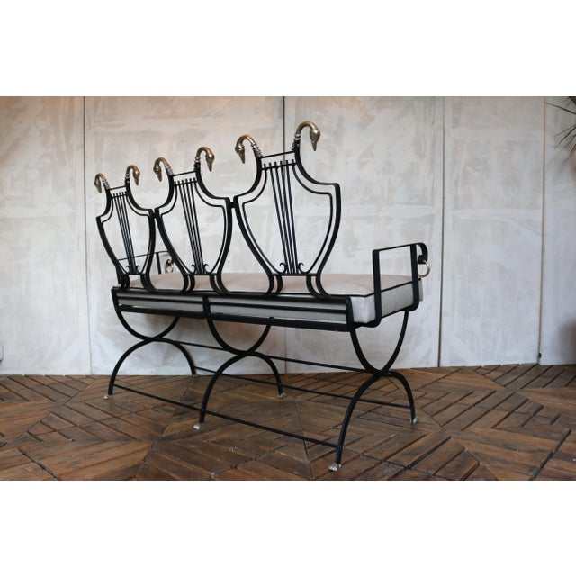 Metal 1950s Iron Lyre Back Settee With Brass Swan Heads & Paw Feet by Samuel Copelon For Sale - Image 7 of 18
