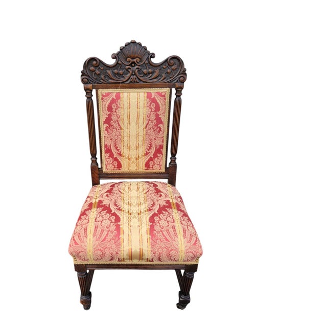 Pair 19th Century Victorian Oak Chairs Carved Back Red Gold Upholstery Dining Hall For Sale - Image 12 of 15