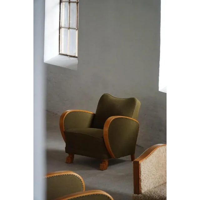 1930s Swedish Art Deco Chairs in Elm and Green Wool, 1940s, Set of 2 For Sale - Image 5 of 18