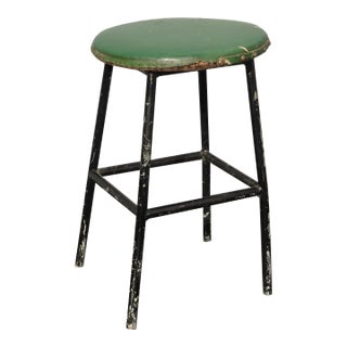 Vintage French Country Farmhouse Chic Rustic Green Stool For Sale