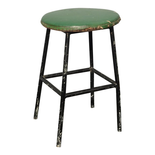 Vintage French Country Farmhouse Chic Rustic Green Stool For Sale