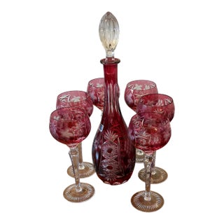 1940s Nachtmann Traube Crystal Decanter and Wine Glasses - 7pcs For Sale