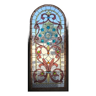 Large American William A. Lang Stained, Leaded, Jewelled Glass Arched Window For Sale