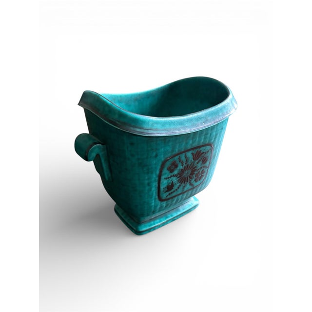 Art Deco 1940s Wilhelm Kåge for Gustavsberg Floral “Argenta” Teal Stoneware Vase, Sweden For Sale - Image 3 of 7