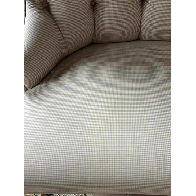 Timeless two seater bench upholstered in a classic taupe and white cotton check. Tight Seat and tufted back is comfortable...