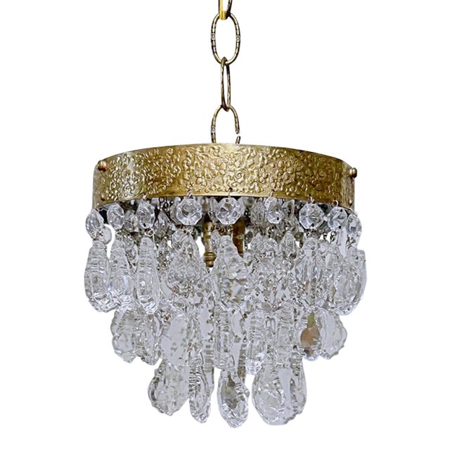 Vintage Brass Ornate Crown Chandelier With French Pendalogue Crystals For Sale