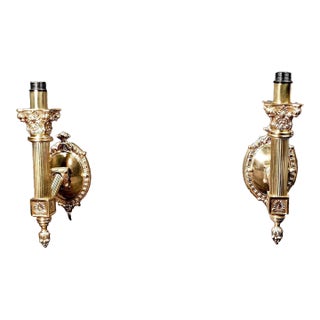 Mid 20th Century Ornate Brass Neoclassic Wall Sconce Lamps - a Pair For Sale