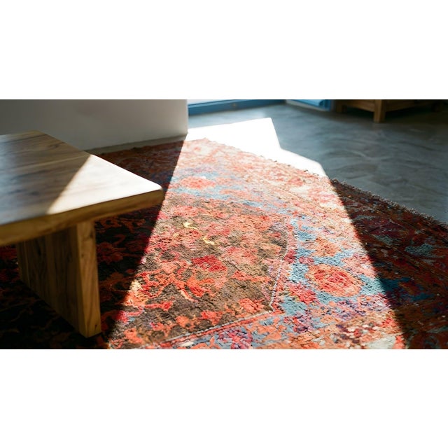 Beautiful Brown Background With Firey Reds and Sky Blue Antique Tribal and Rustic Turkish Kula Rug For Sale - Image 12 of 12