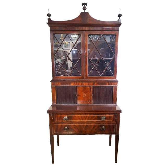 American Antique 20th C American Hepplewhite Mahogany Tambour Door Secretary Desk Vitrine For Sale - Image 3 of 18