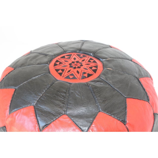 Berber Tribes of Morocco Moroccan Round Red and Black Leather Pouf Hand-Tooled in Marrakesh For Sale - Image 4 of 12