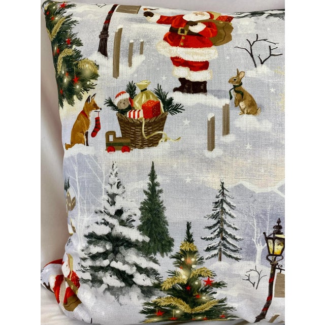 Textile Festive 20” Square Santa With Animal Friends Christmas Themed Pillow With Red Velour-Like Back - Made in U K For Sale - Image 7 of 11